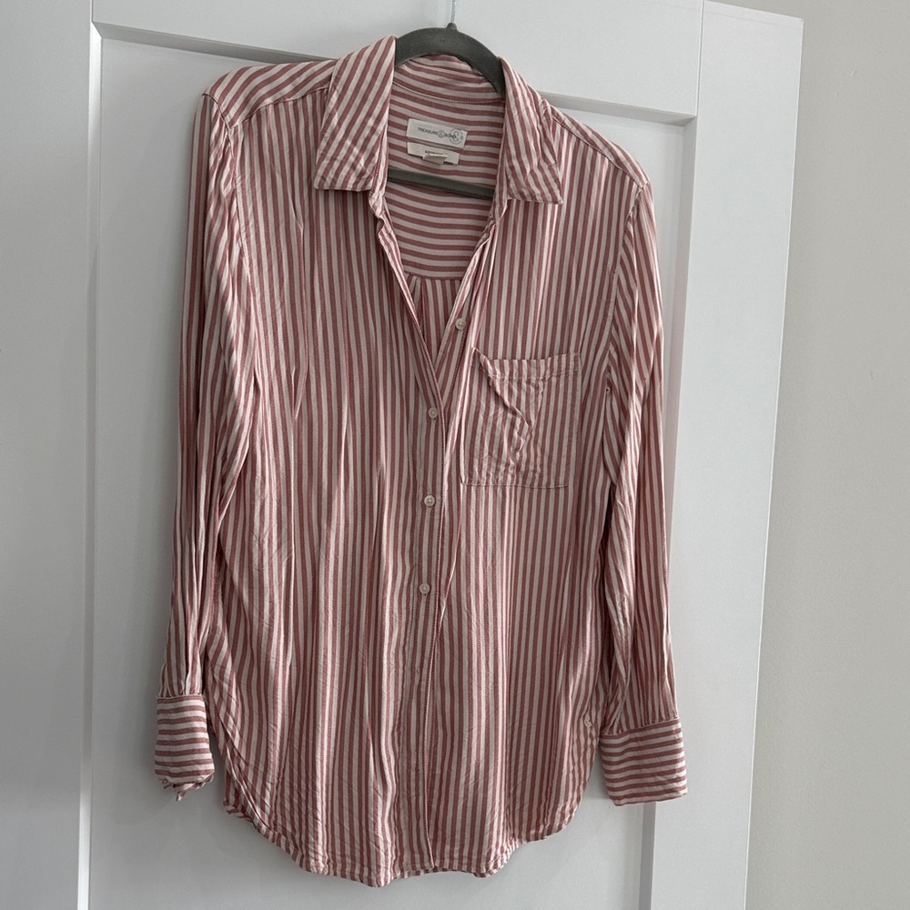 Treasure & Bond Red and White Boyfriend Striped Button-Down Shirt - Picture 4 of 4